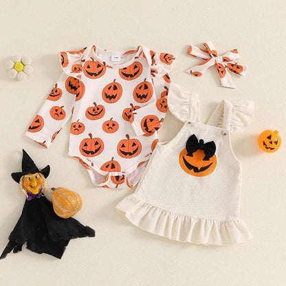 jack-o-lantern kids overall outfit - basil boutique