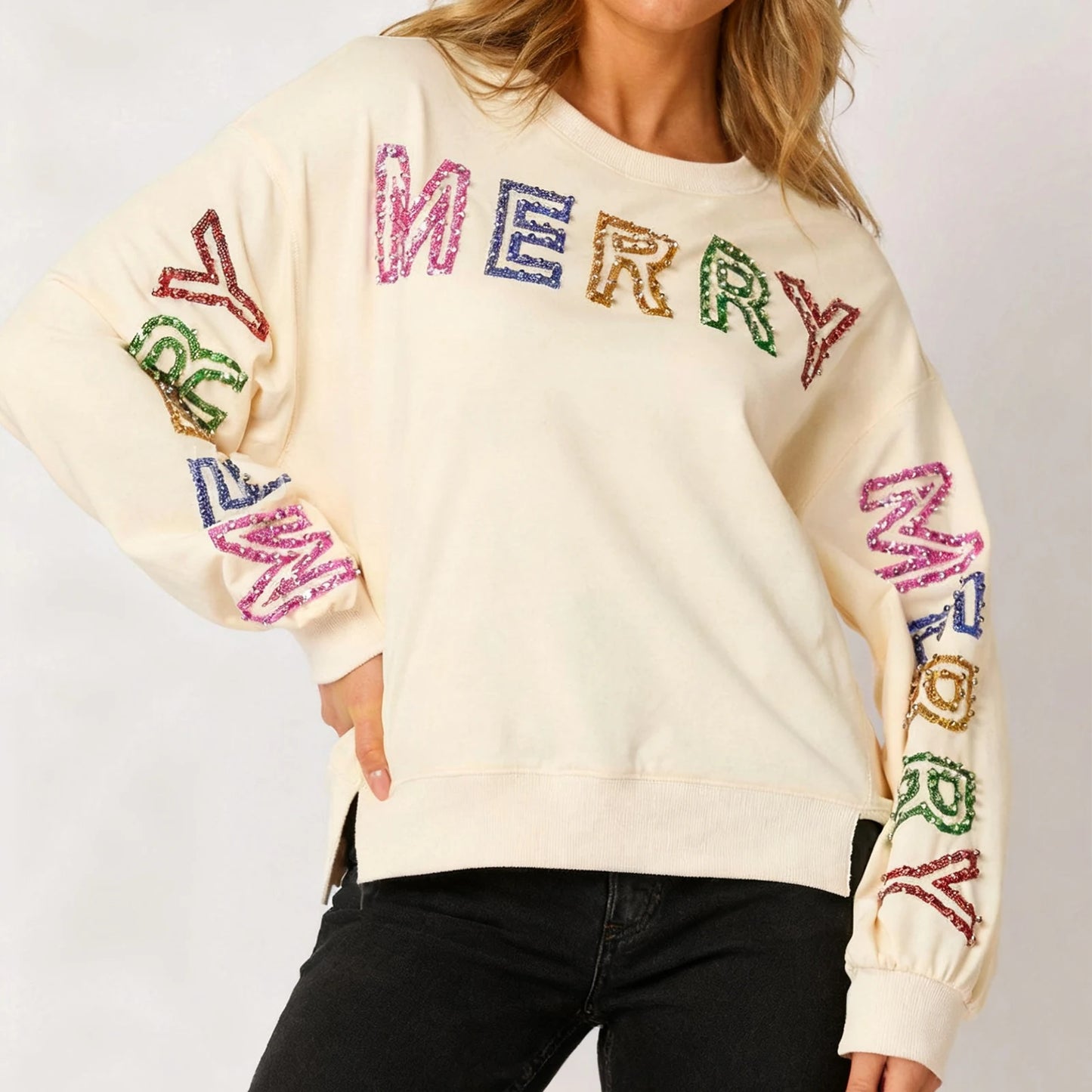 merry times sequin crew sweater