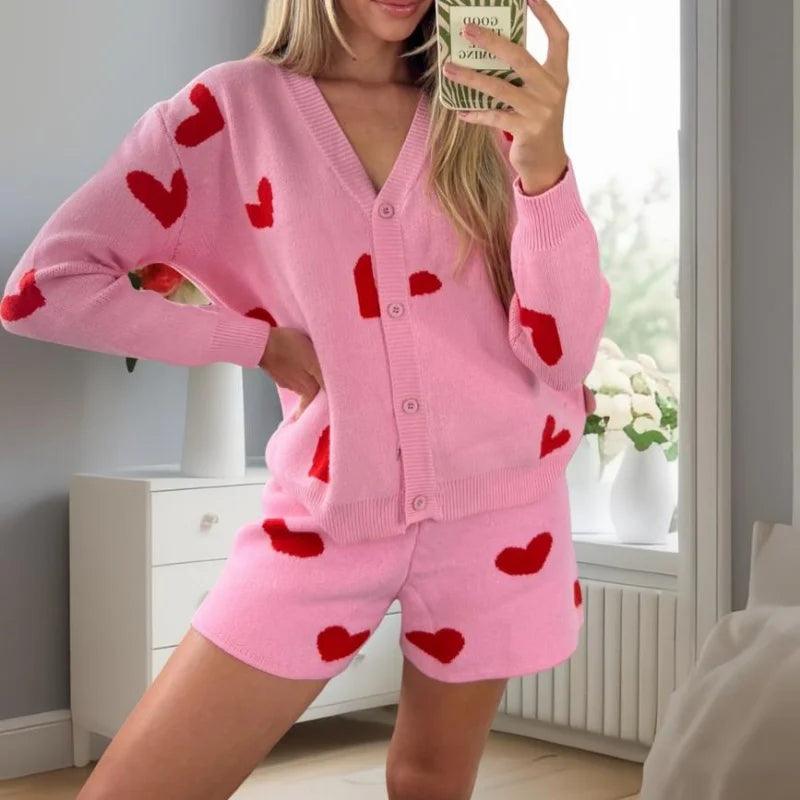 Xingqing Women Knitted Set y2k Clothes Heart Print V Neck Long Sleeve Cardigan Tops and Shorts Valentines Day Outfit Streetwear