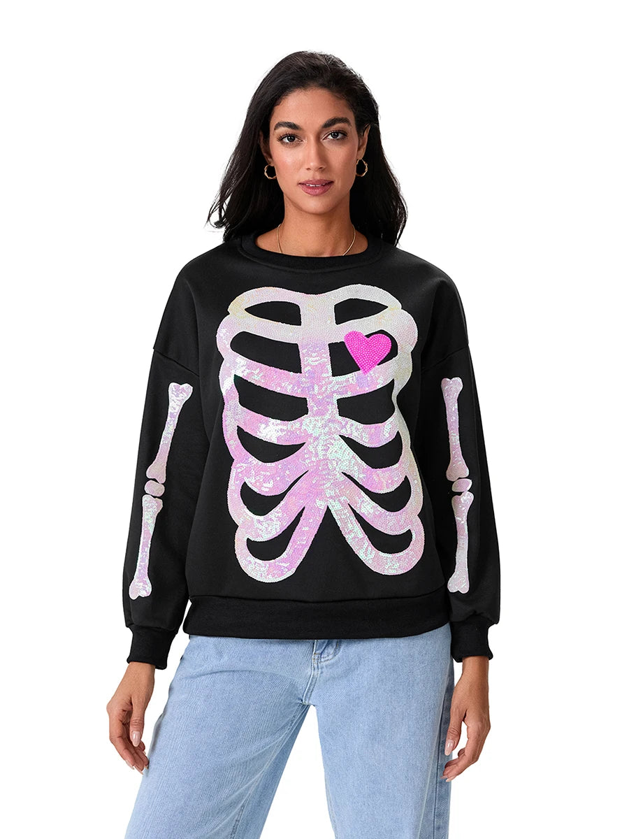 skeleton bones sequin crew sweater - basil boutique