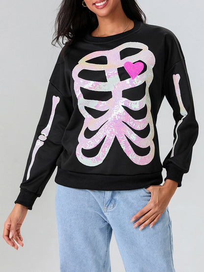 skeleton bones sequin crew sweater - basil boutique