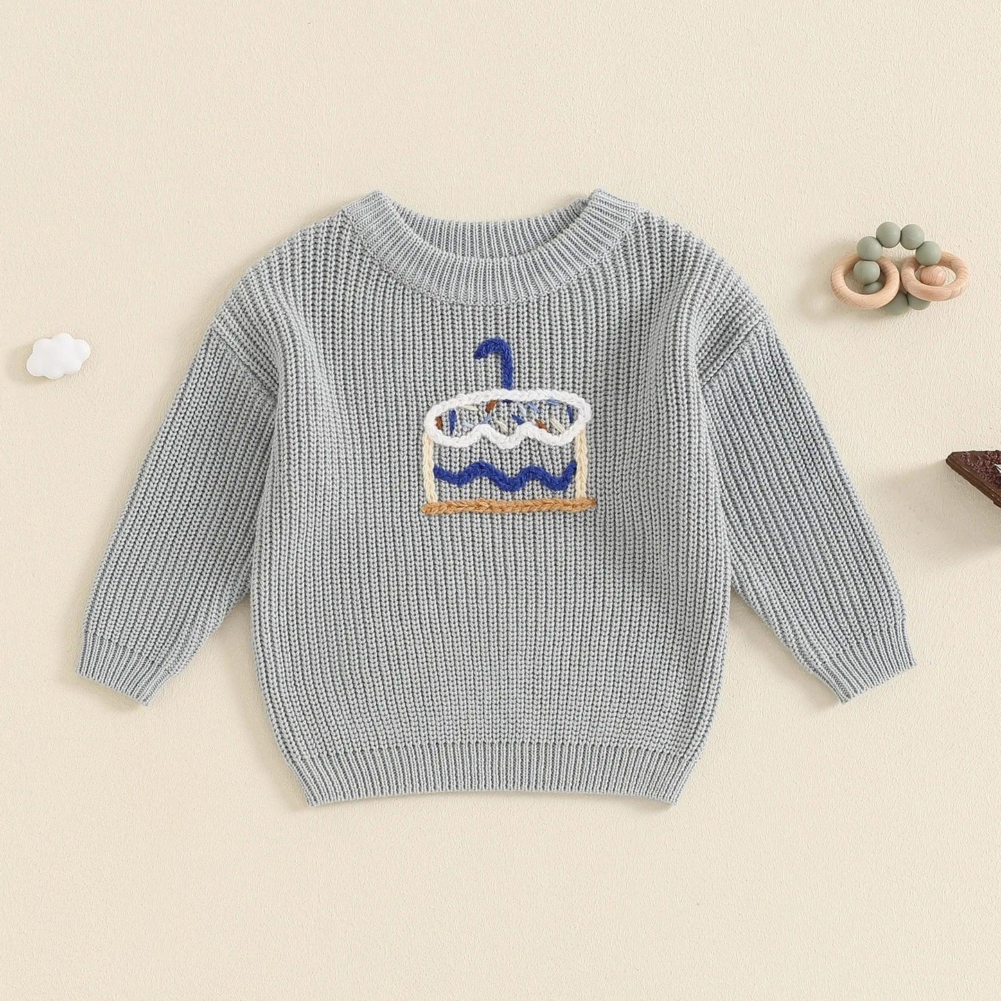 one birthday cake knit kids crew sweater