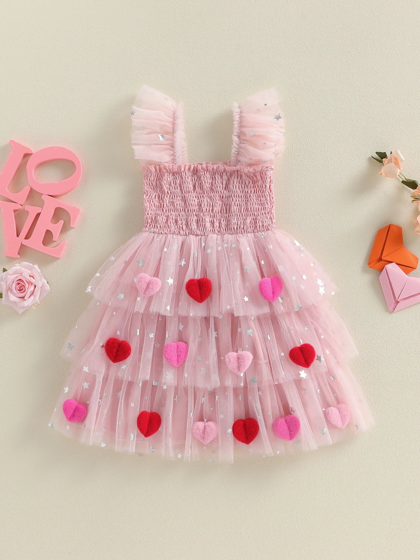 3D heart ruffle sleeve tulle kids dress