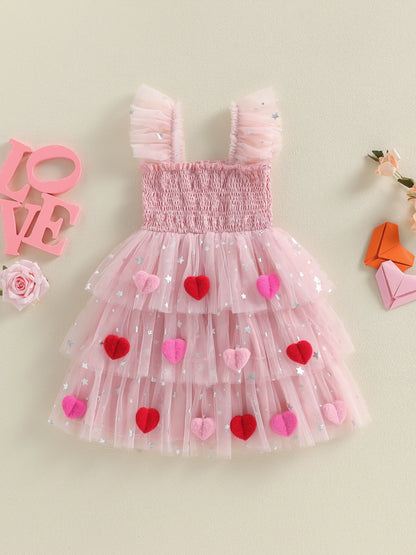3D heart ruffle sleeve tulle kids dress