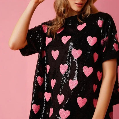 Xingqing y2k Party Dress Women Valentines Day Sequins Heart Print Round Neck Half Sleeve Short Mini Dress Fashion Club Dresses