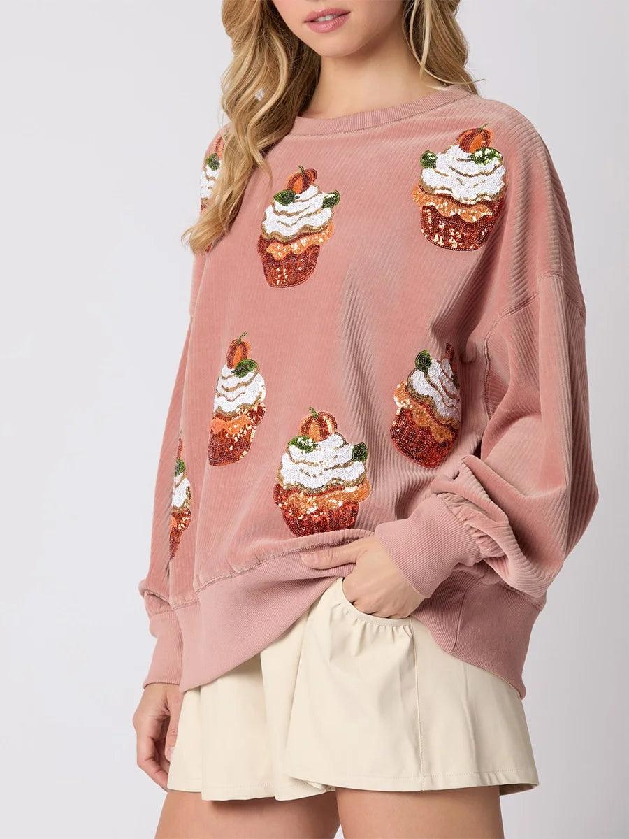 pumpkin cupcake sequin crew sweater - basil boutique