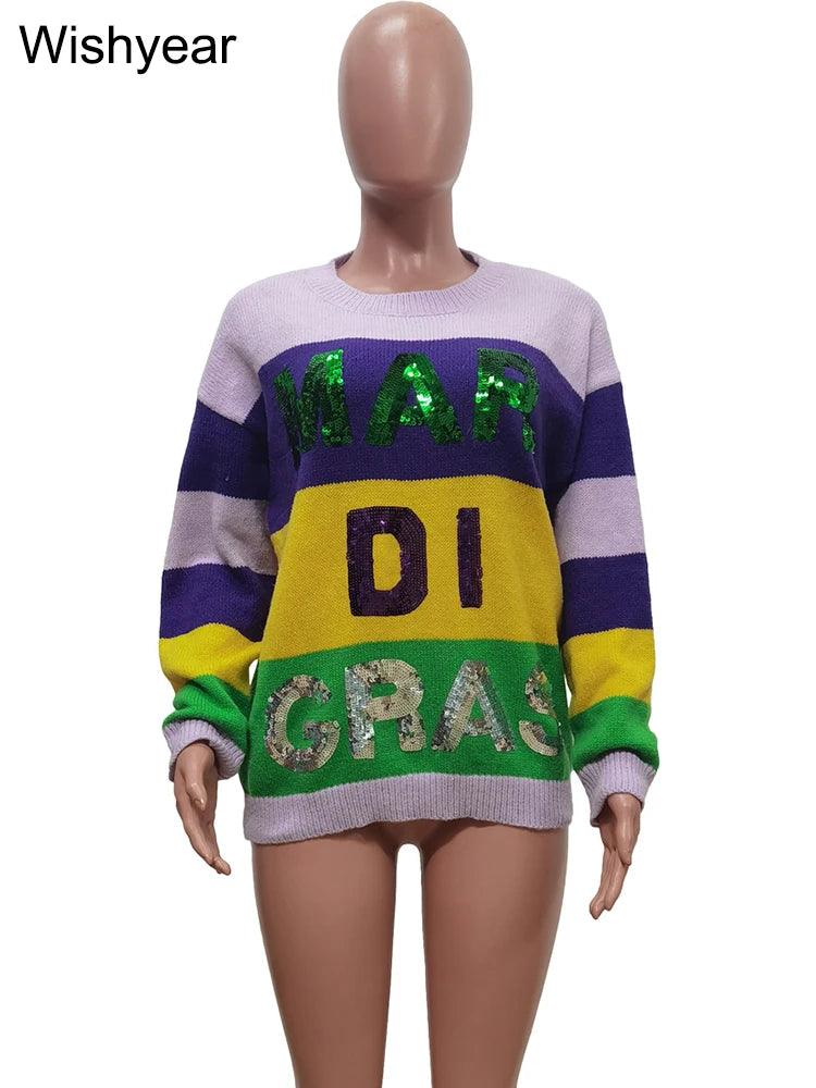 mardi gras striped sequin crew sweater - basil boutique