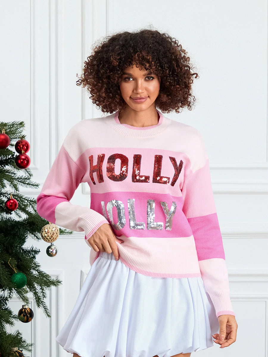 holly jolly sequin striped crew sweater