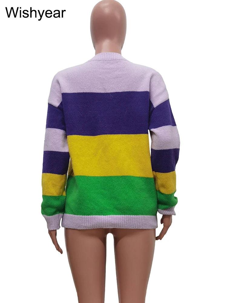 mardi gras striped sequin crew sweater - basil boutique