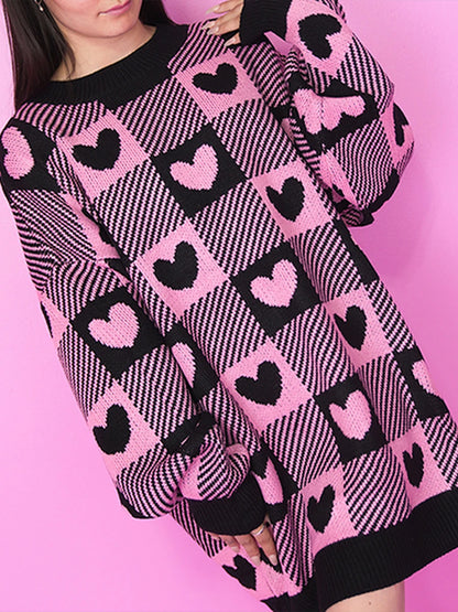 checkered heart crew sweater