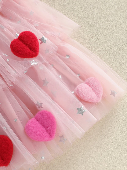 3D heart ruffle sleeve tulle kids dress