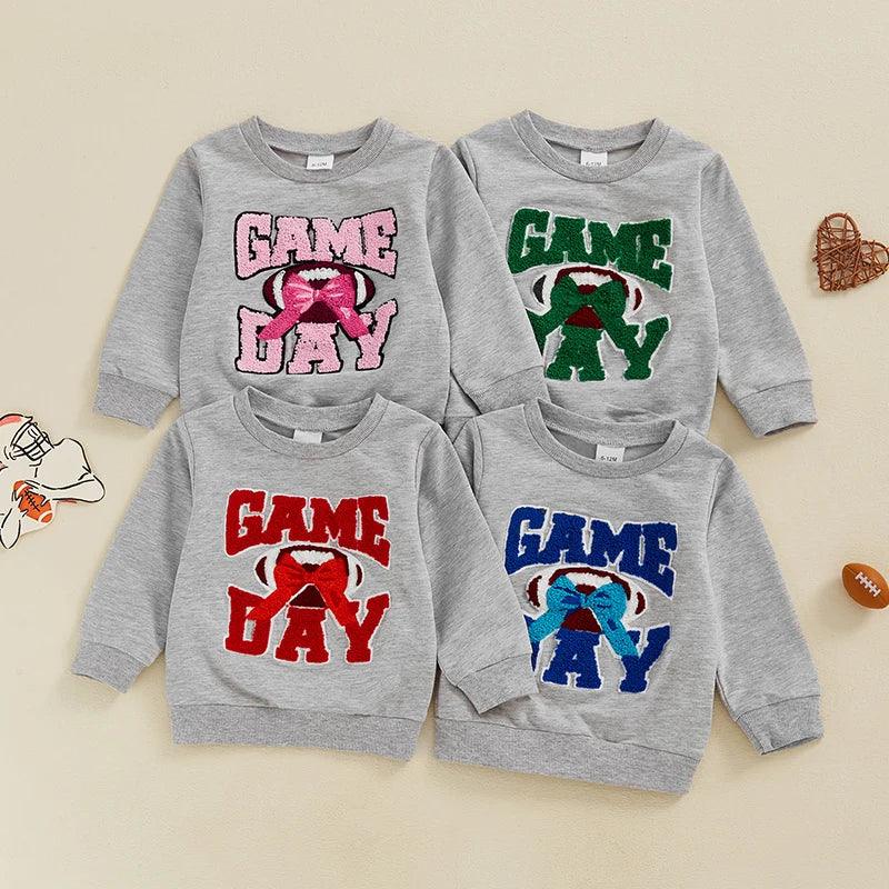 game day bow + football kids crew sweatshirt