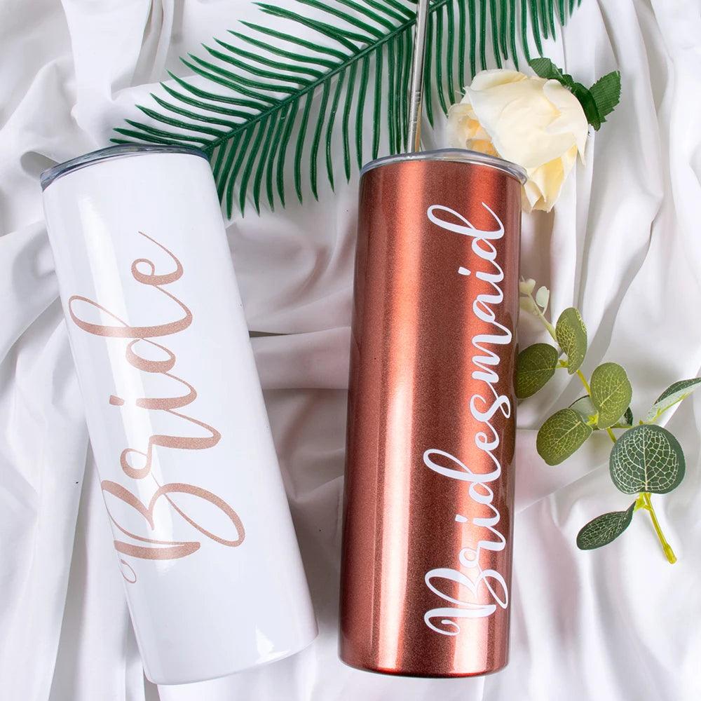 White Rose Gold Bride Bridesmaid Stainless Steel Wine Tumblers Wedding Gifts Bachelorette Party Supplies reusable water cup