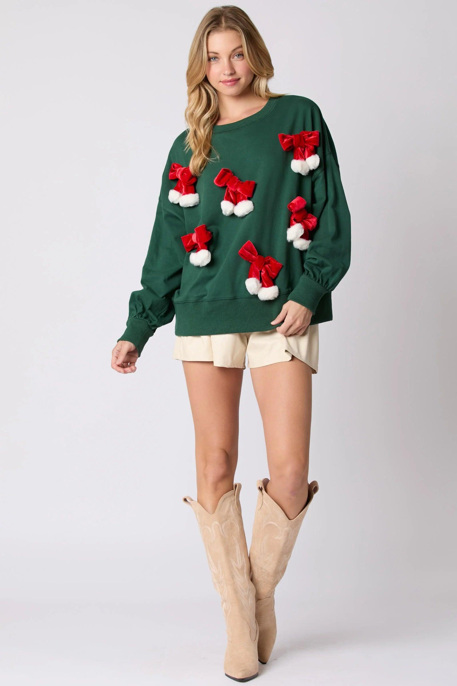 bows + poms holiday crew sweater - basil boutique