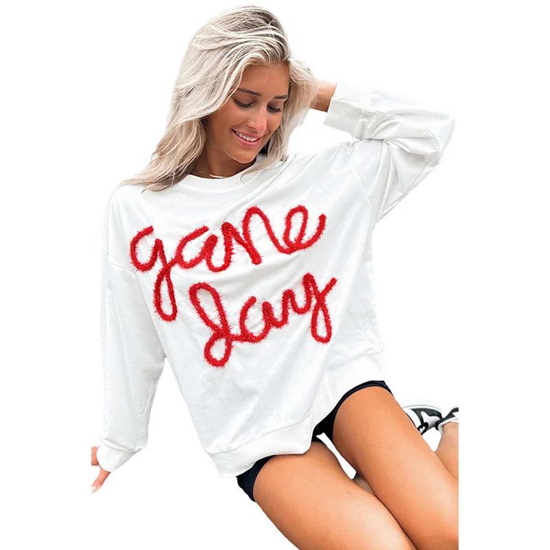 game day red + white crew sweater - basil boutique