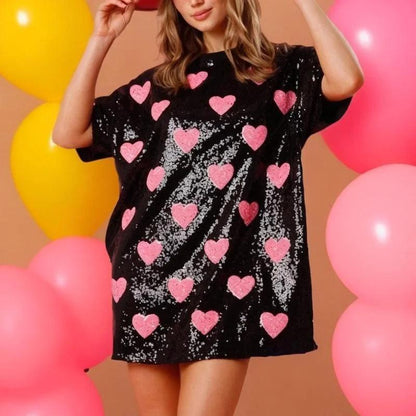 Xingqing y2k Party Dress Women Valentines Day Sequins Heart Print Round Neck Half Sleeve Short Mini Dress Fashion Club Dresses