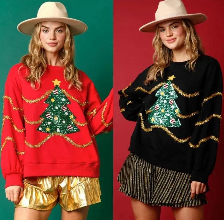 christmas tree sequin crew sweater - basil boutique