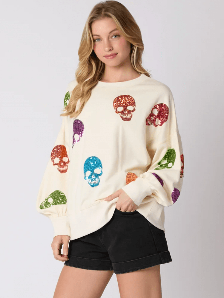 skull sequin crew sweater - basil boutique