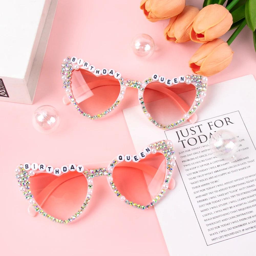 birthday queen pink rhinestone heart sunglasses - basil boutique