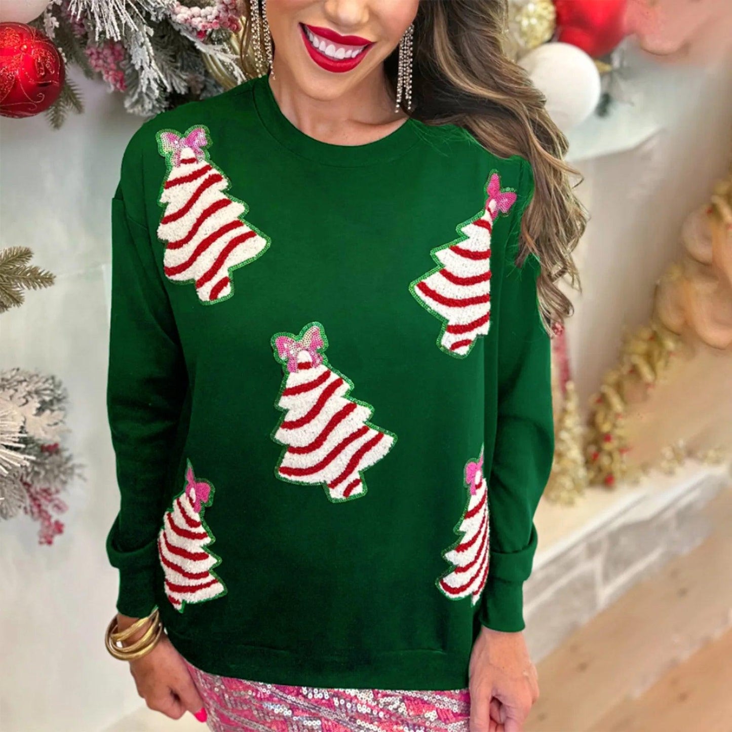 christmas tree sequin crew sweater - basil boutique