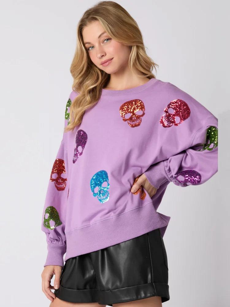 skull sequin crew sweater - basil boutique