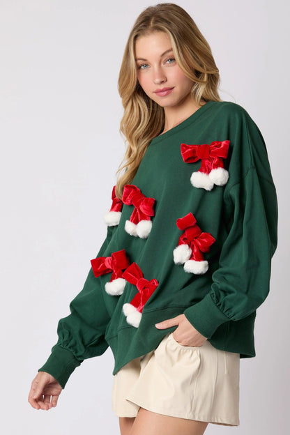 bows + poms holiday crew sweater - basil boutique