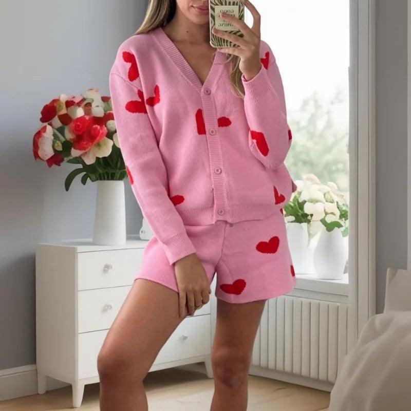 Xingqing Women Knitted Set y2k Clothes Heart Print V Neck Long Sleeve Cardigan Tops and Shorts Valentines Day Outfit Streetwear