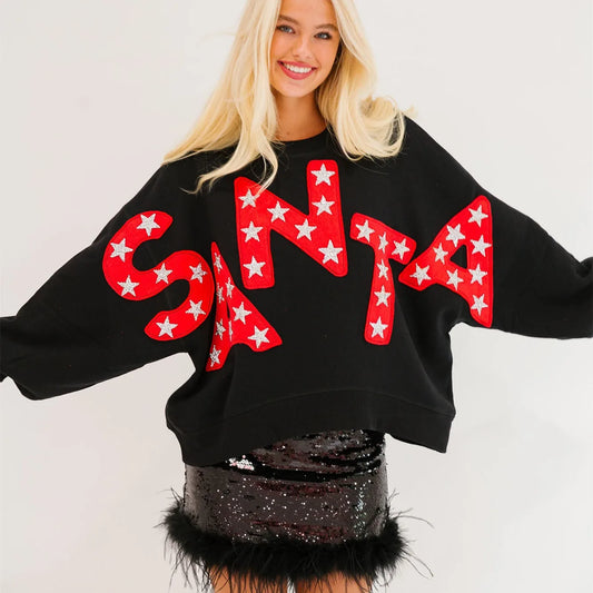 santa in the stars black crew sweater