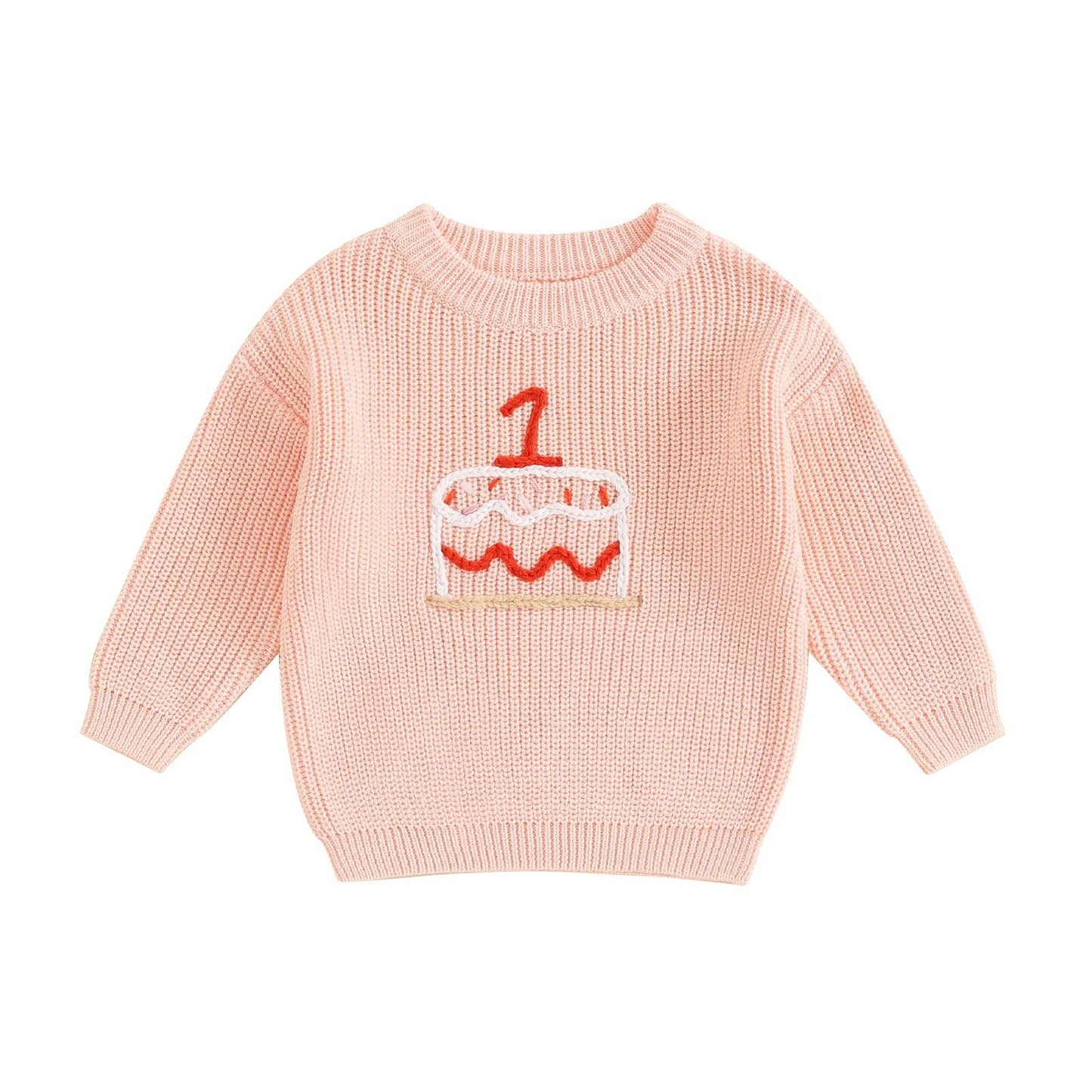 one birthday cake knit kids crew sweater