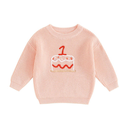 one birthday cake knit kids crew sweater