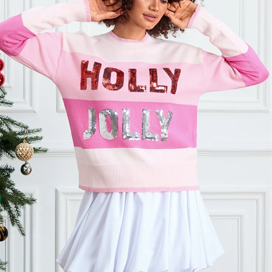 holly jolly sequin striped crew sweater