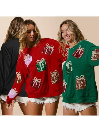 holiday present sequin crew sweater - basil boutique