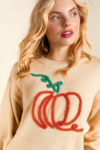 pumpkin tinsel crew sweater - basil boutique