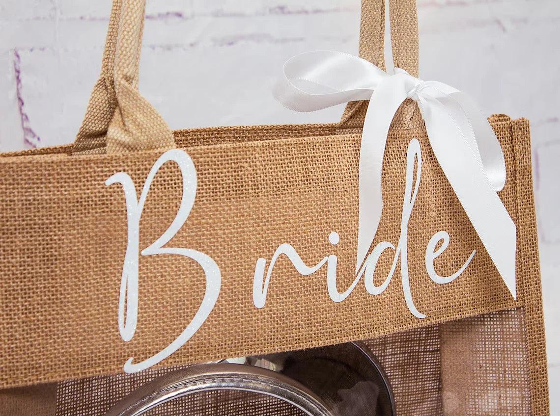 bride script burlap tote bag