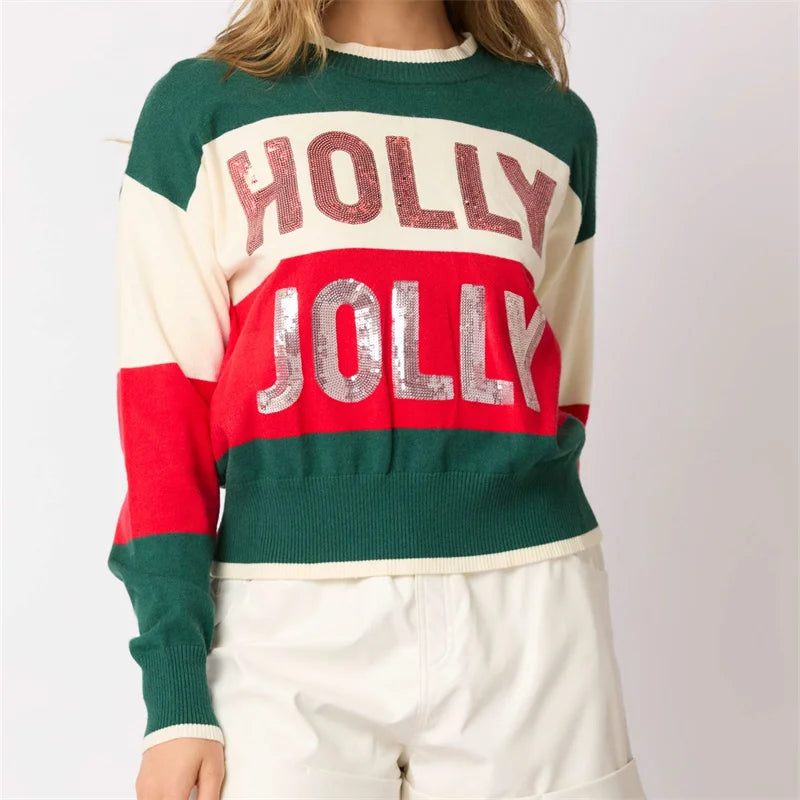 holly jolly sequin striped crew sweater