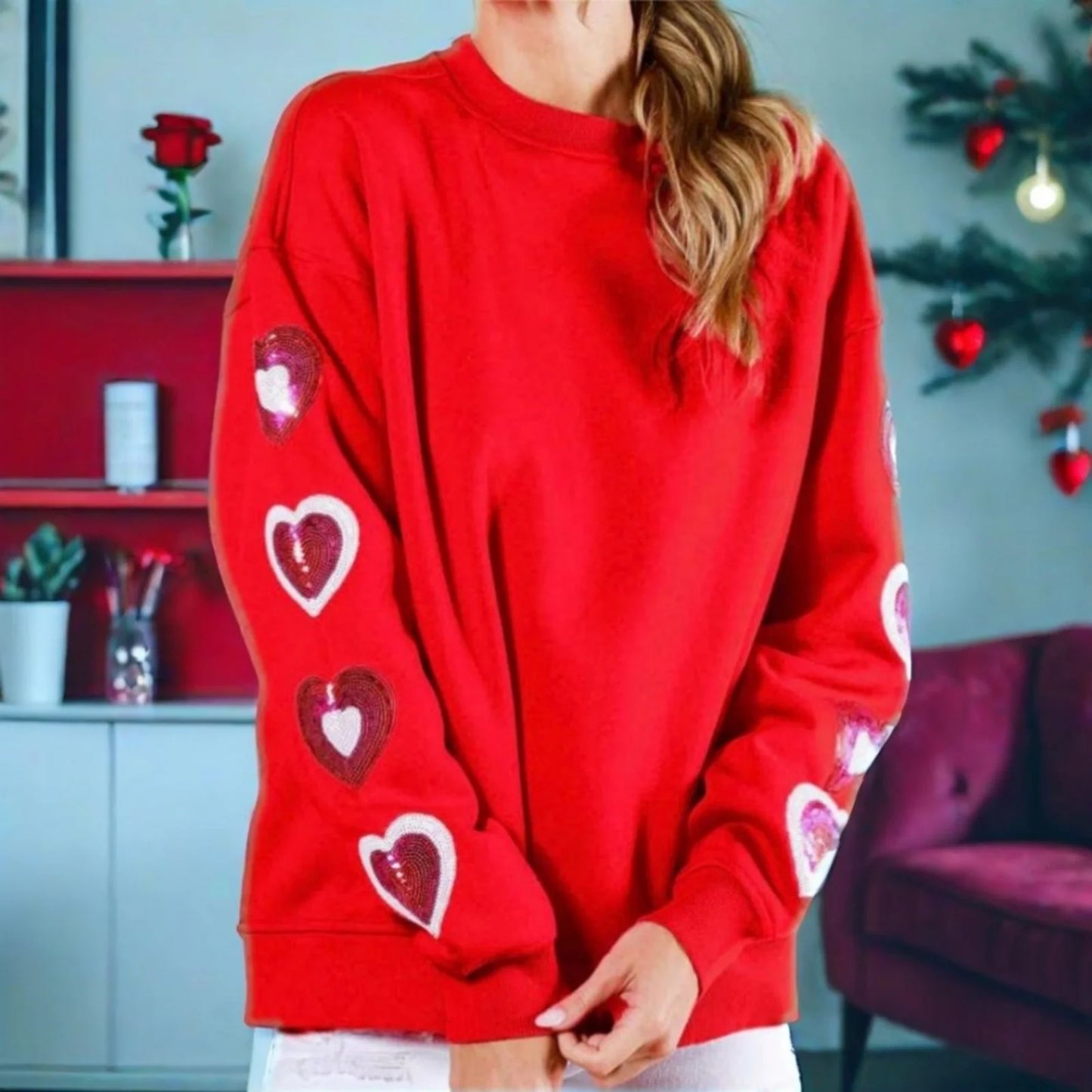 heart on my sleeve sequin crew sweater