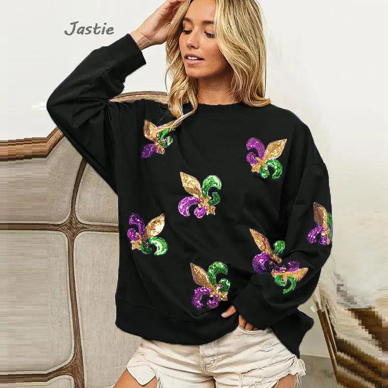 mardi gras sequin crew sweater - basil boutique