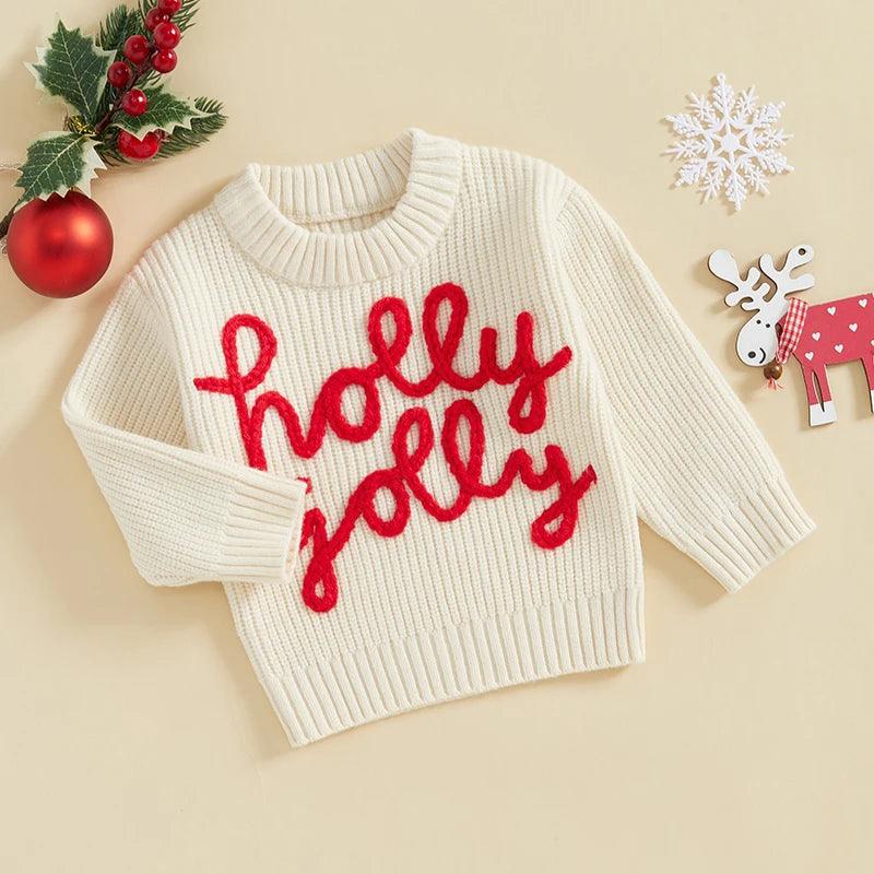 holly jolly holiday knit kids crew sweater - basil boutique