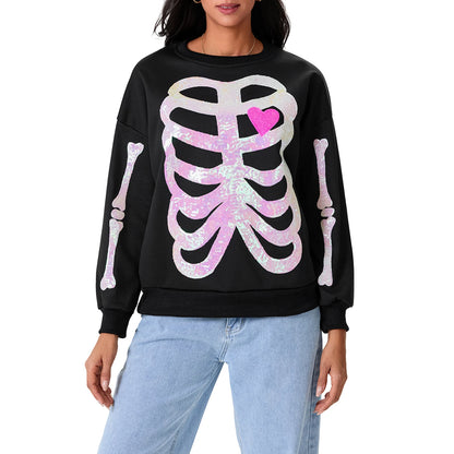 skeleton bones sequin crew sweater - basil boutique