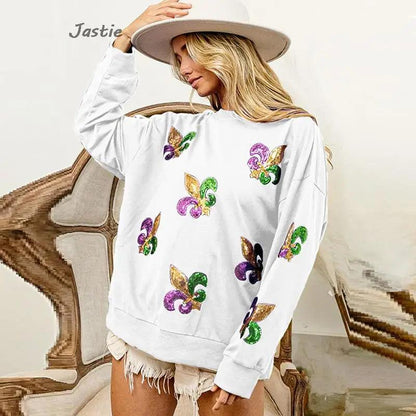 mardi gras sequin crew sweater - basil boutique