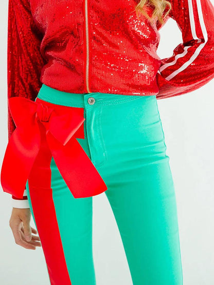 christmas bow bell-bottom pants