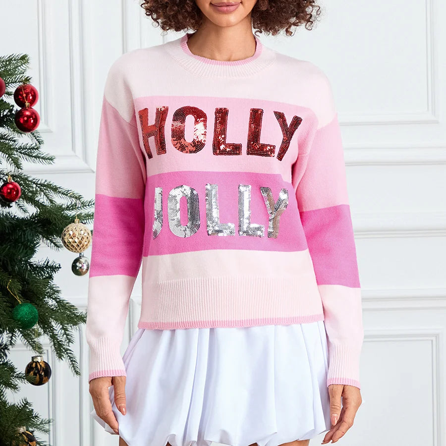 holly jolly sequin striped crew sweater