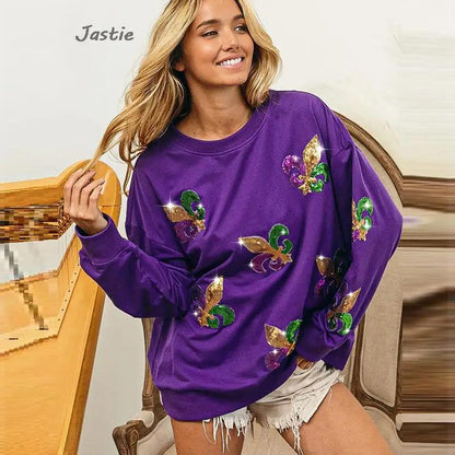 mardi gras sequin crew sweater - basil boutique