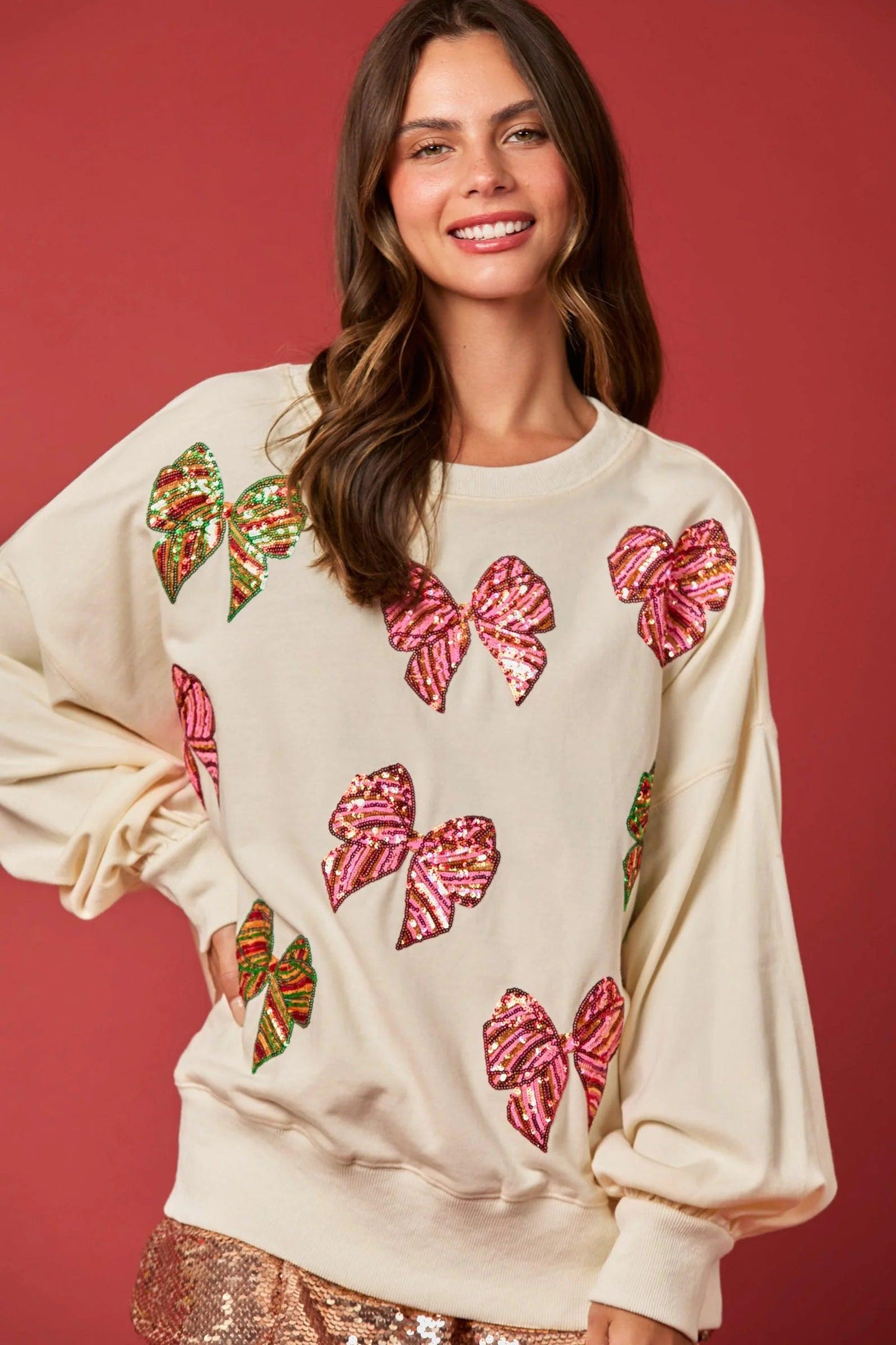 wrapped with a bow sequin crew sweater - basil boutique