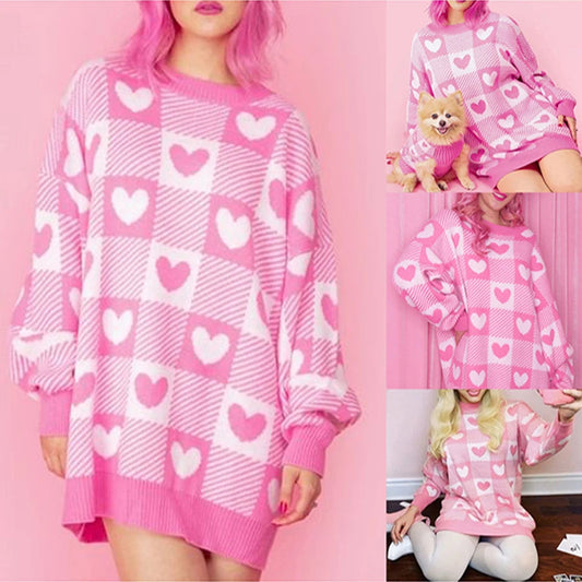 checkered heart crew sweater