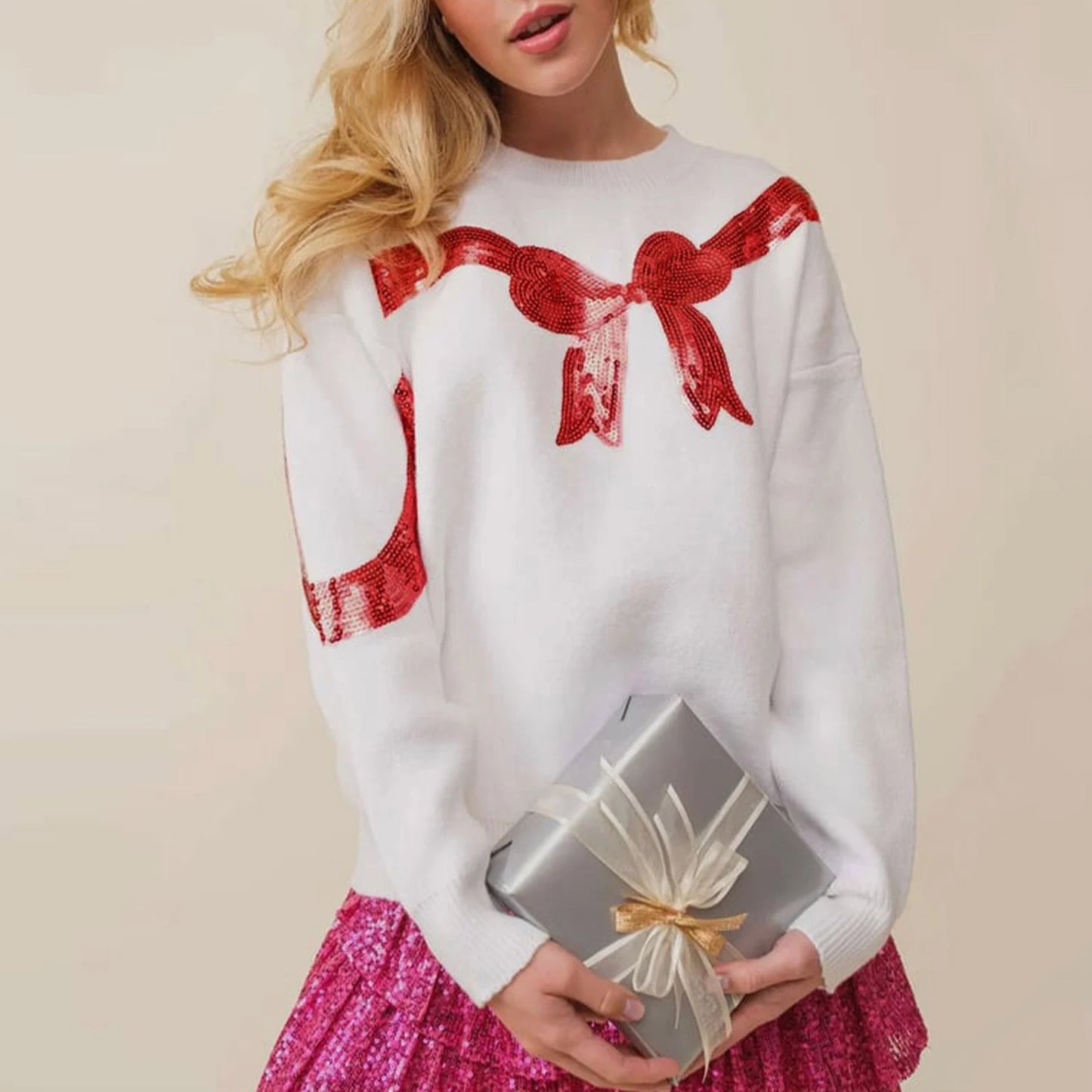 bow sequin crew sweater