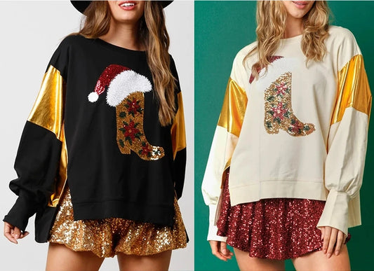 christmas cowgirl sequin crew sweater - basil boutique