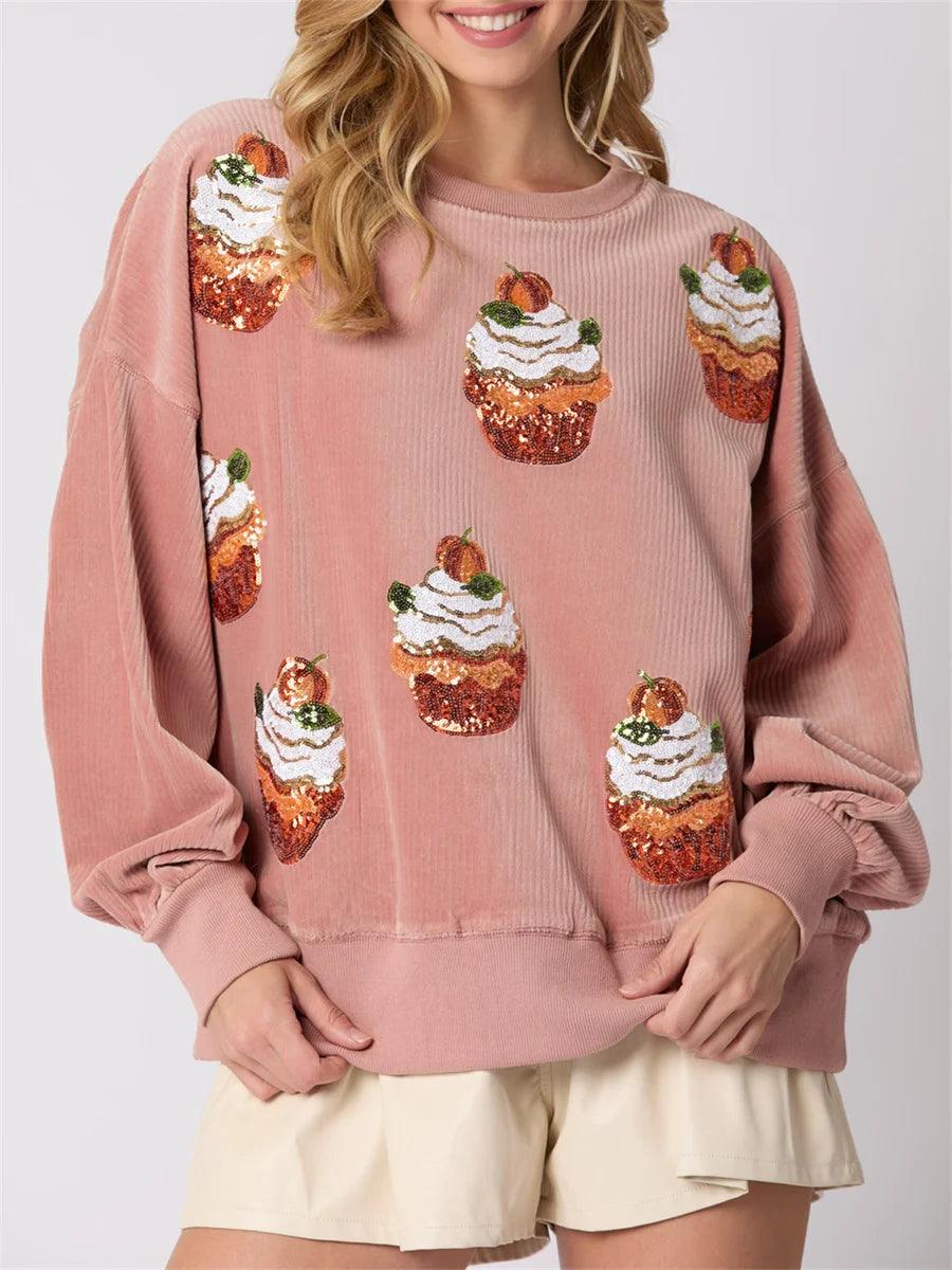 pumpkin cupcake sequin crew sweater - basil boutique