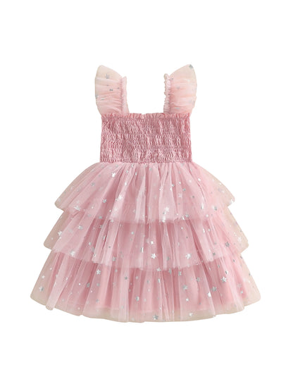 3D heart ruffle sleeve tulle kids dress