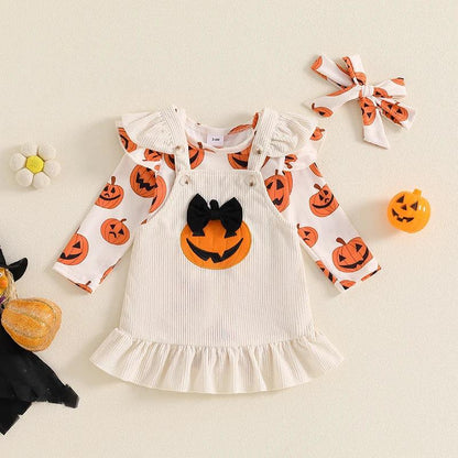 jack-o-lantern kids overall outfit - basil boutique